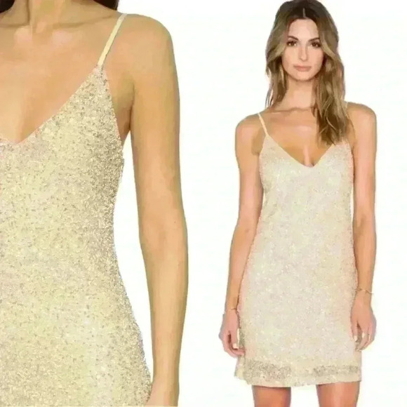 Alice + Olivia Dresses & Skirts - Alice + Olivia Kalia Beaded V-neck Beige Slip Dress Size Small